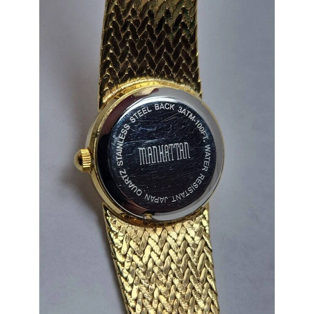 Manhattan Croton Womens Gold Tone Crystal Bezel Basket Weave Watch New Battery